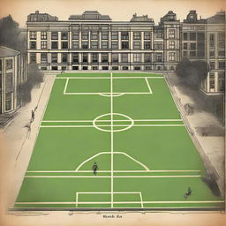 Create an image featuring a sports field in Amsterdam with an old atlas as the background