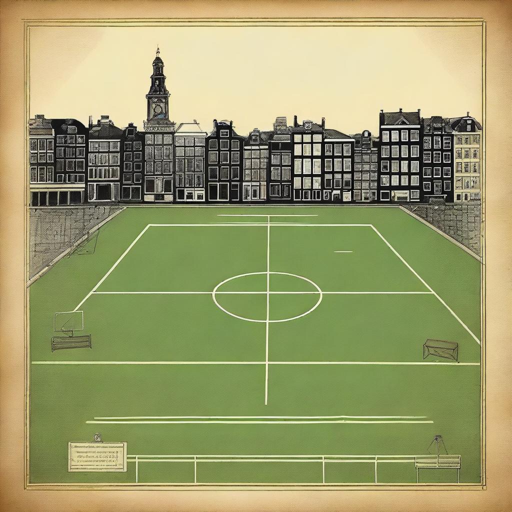 Create an image featuring a sports field in Amsterdam with an old atlas as the background