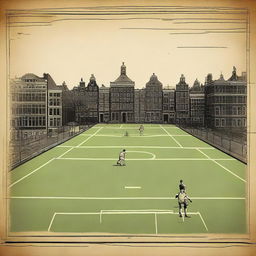 Create an image featuring a sports field in Amsterdam with an old atlas as the background