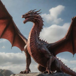 A majestic pose of a central dragon with all the Targaryen dragons soaring around in the sky