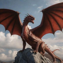 A majestic pose of a central dragon with all the Targaryen dragons soaring around in the sky