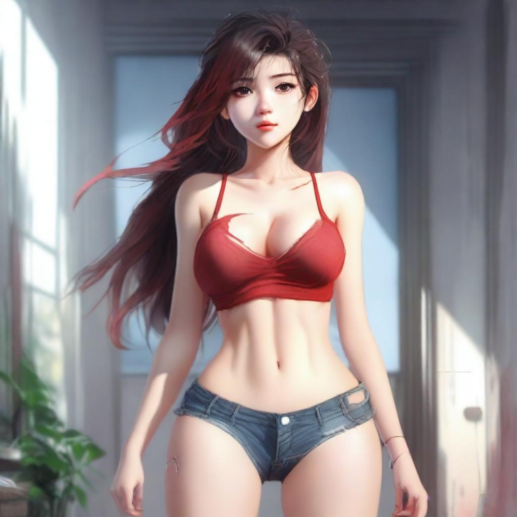 A girl wearing ripped shorts and a red bra, with oily hair