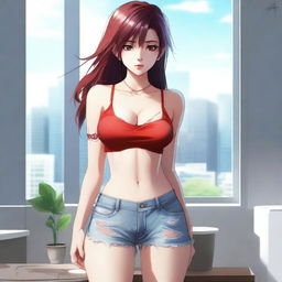 A girl wearing ripped shorts and a red bra, with oily hair