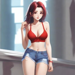 A girl wearing ripped shorts and a red bra, with oily hair