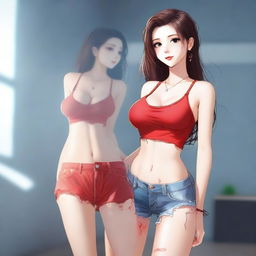 A girl wearing ripped shorts and a red bra, with oily hair