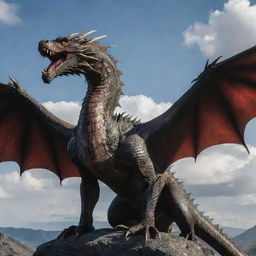 An imposing dragon posing majestically with all of the Targaryen dragons soaring in the sky