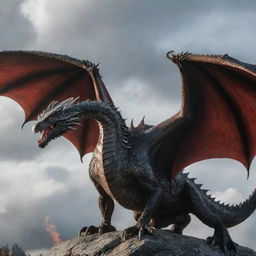 An imposing dragon posing majestically with all of the Targaryen dragons soaring in the sky