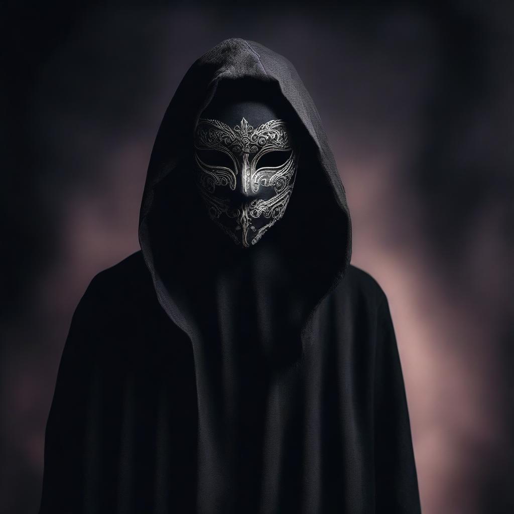 Create an image with a super dark backdrop featuring a dark hooded silhouette taking off a fully designed masquerade mask