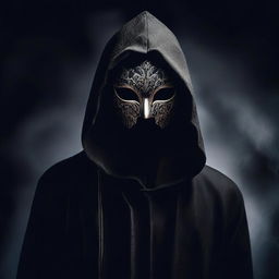 Create an image with a super dark backdrop featuring a dark hooded silhouette taking off a fully designed masquerade mask