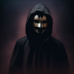 Create an image with a super dark backdrop featuring a dark hooded silhouette taking off a fully designed masquerade mask