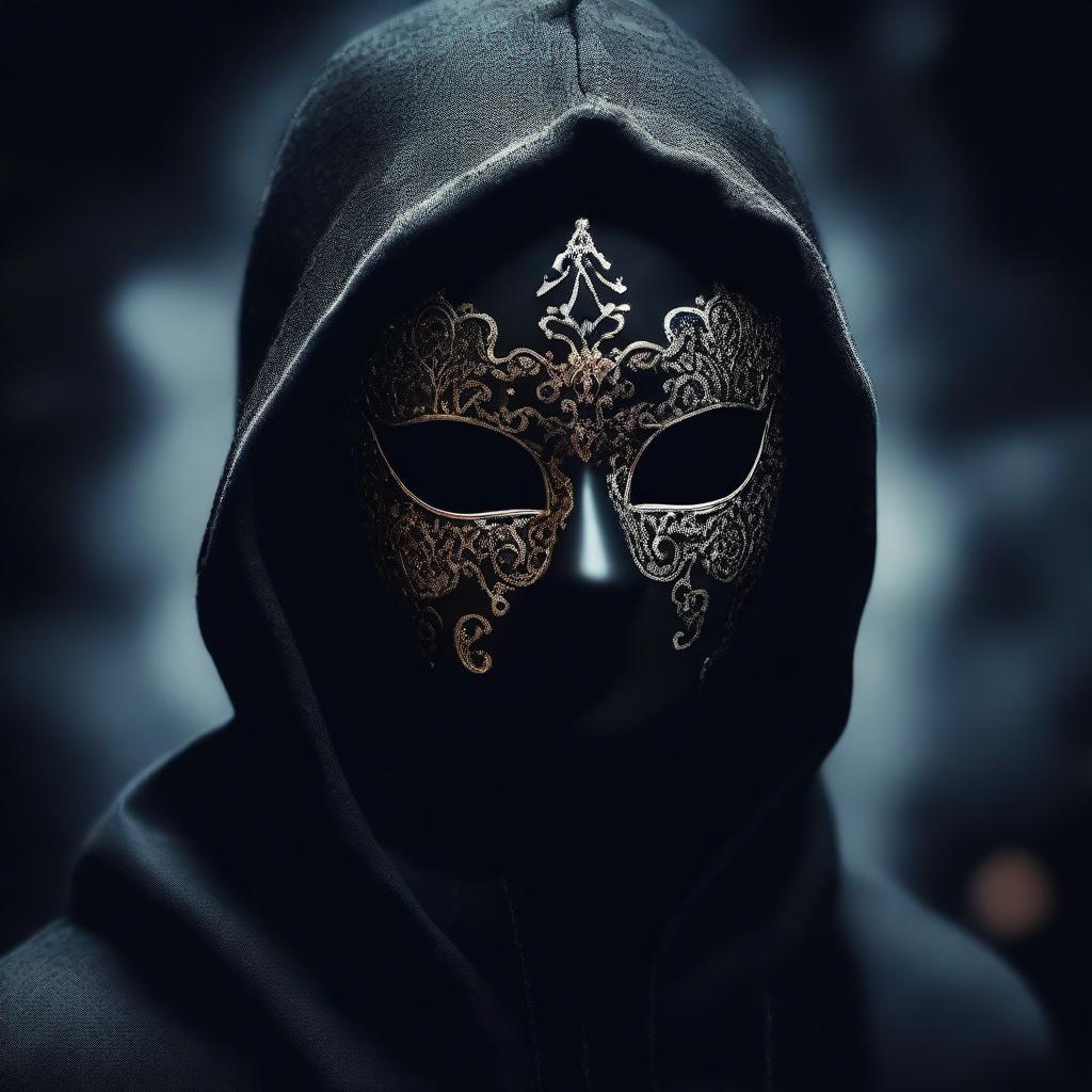 Create an image with a super dark backdrop featuring a dark hooded silhouette taking off a fully designed masquerade mask