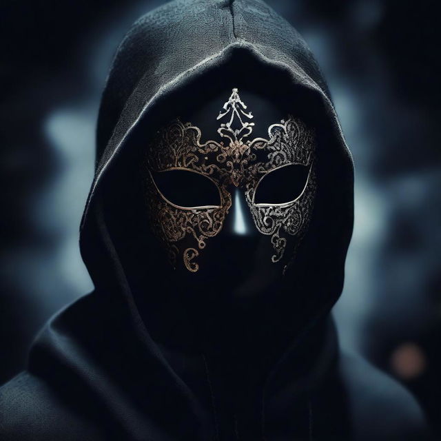 Create an image with a super dark backdrop featuring a dark hooded silhouette taking off a fully designed masquerade mask