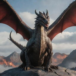 An imposing dragon posing majestically with all of the Targaryen dragons soaring in the sky