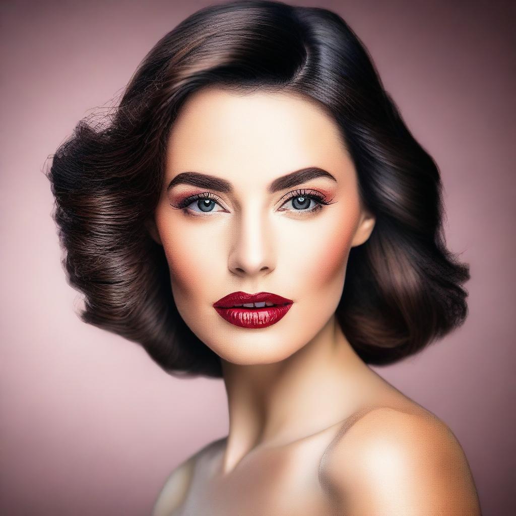 Create an image of a beautiful woman with elegant features, dressed fashionably and confidently