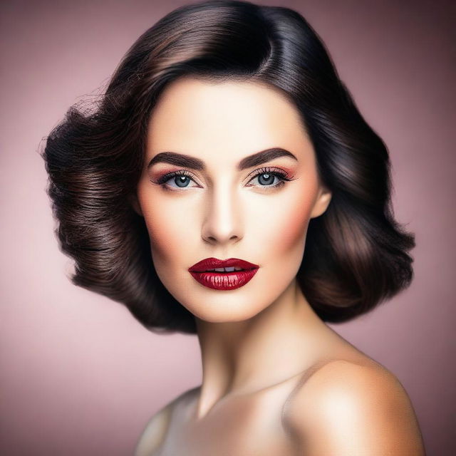 Create an image of a beautiful woman with elegant features, dressed fashionably and confidently