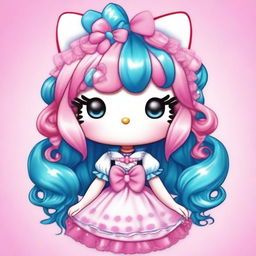 A Hello Kitty character with half blue hair and half pink hair, featuring a septum piercing and multiple other piercings