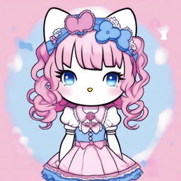 A Hello Kitty character with half blue hair and half pink hair, featuring a septum piercing and multiple other piercings