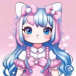 A Hello Kitty character with half blue hair and half pink hair, featuring a septum piercing and multiple other piercings