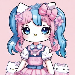 A Hello Kitty character with half blue hair and half pink hair, featuring a septum piercing and multiple other piercings