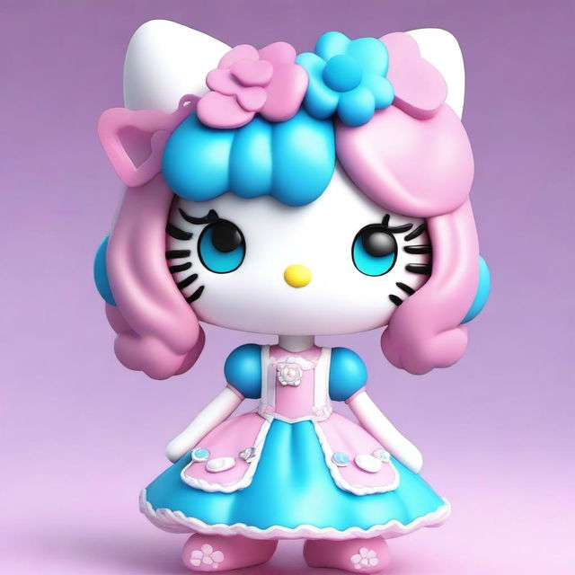 A 3D Hello Kitty character with split hair, one half blue and the other half pink