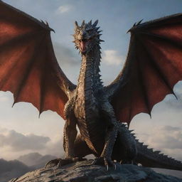 An imposing dragon posing majestically with all of the Targaryen dragons soaring in the sky