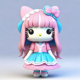 A 3D Hello Kitty character with split hair, one half blue and the other half pink