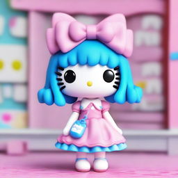 A 3D Hello Kitty character with split hair, one half blue and the other half pink