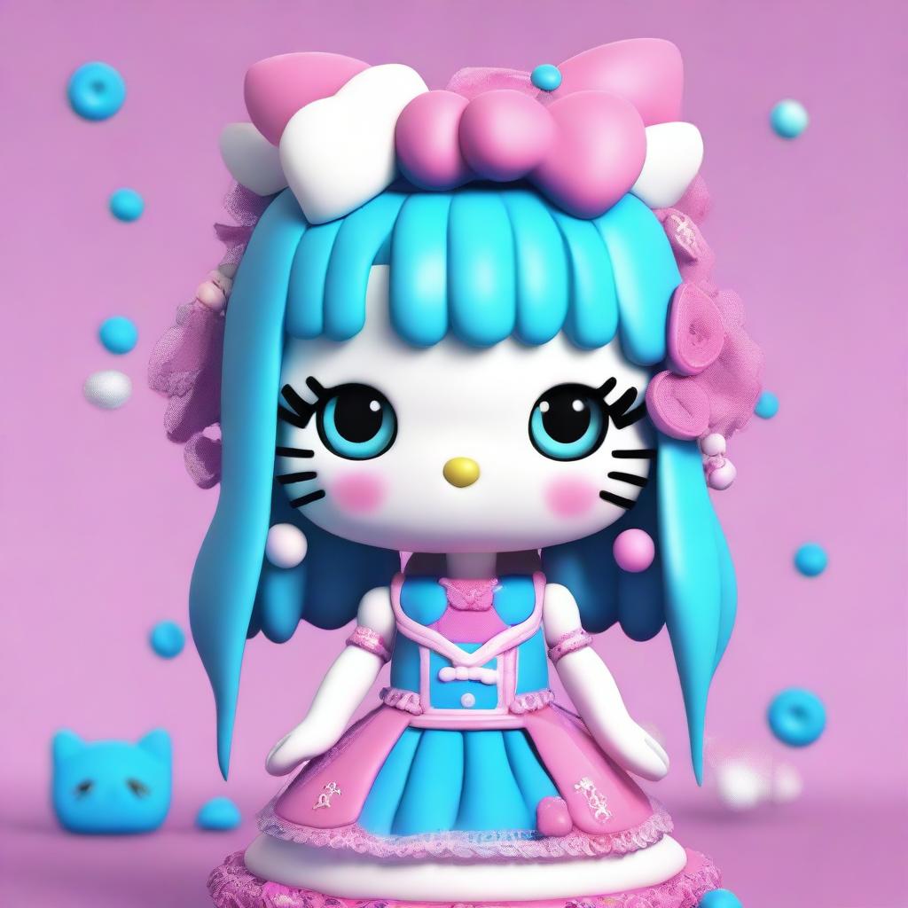 A 3D Hello Kitty character with split hair, one half blue and the other half pink