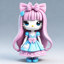 A 3D Hello Kitty character with split hair, one half blue and the other half pink