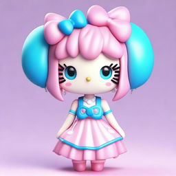 A 3D Hello Kitty character with split hair, one half blue and the other half pink