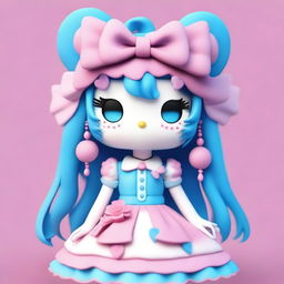 A 3D Hello Kitty character with split hair, one half blue and the other half pink