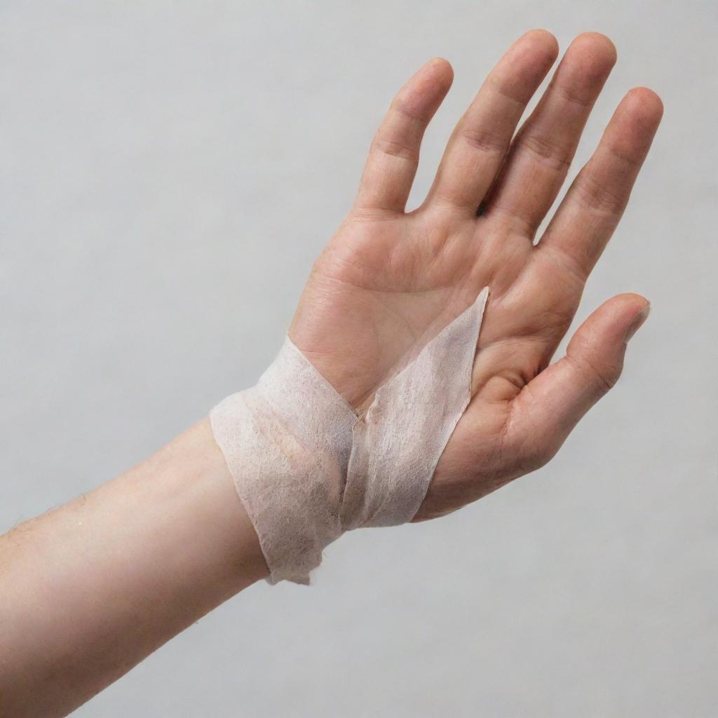 An image showcasing a human hand undergoing rehabilitation after a burn. Include physiotherapy exercises, use of healing ointments, and bandaging to illustrate the recovery phase.