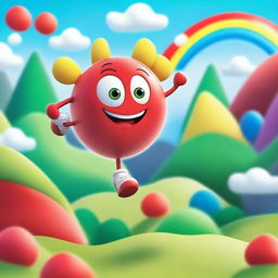 A vibrant and playful scene featuring the character from Red Ball 4, bouncing happily in a colorful, whimsical environment