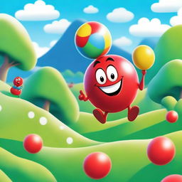 A vibrant and playful scene featuring the character from Red Ball 4, bouncing happily in a colorful, whimsical environment