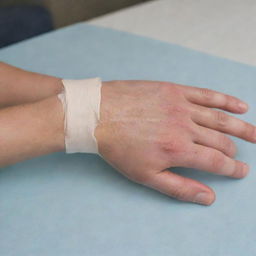 An image showcasing a human hand undergoing rehabilitation after a burn. Include physiotherapy exercises, use of healing ointments, and bandaging to illustrate the recovery phase.