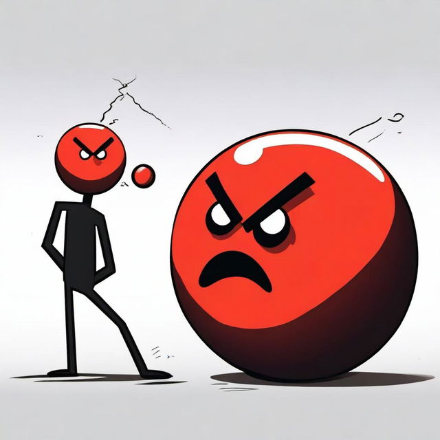 A dynamic and expressive scene featuring a red ball with a mad face attacking a black cube with a pained face