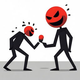 A dynamic and expressive scene featuring a red ball with a mad face attacking a black cube with a pained face