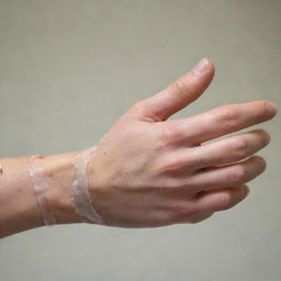 An image showcasing a human hand undergoing rehabilitation after a burn. Include physiotherapy exercises, use of healing ointments, and bandaging to illustrate the recovery phase.