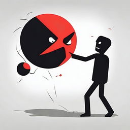 A dynamic and expressive scene featuring a red ball with a mad face attacking a black cube with a pained face