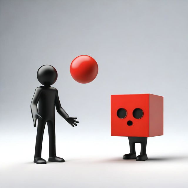 A dynamic and expressive 3D scene featuring a red ball with a mad face attacking a black cube with a pained face