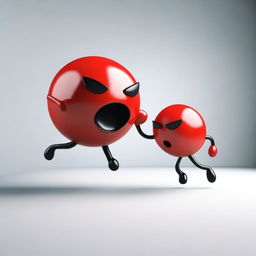 A dynamic and expressive 3D scene featuring a red ball with a mad face attacking a black cube with a pained face