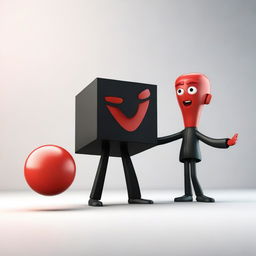 A dynamic and expressive 3D scene featuring a red ball with a mad face attacking a black cube with a pained face