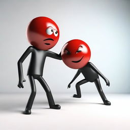 A dynamic and expressive 3D scene featuring a red ball with a mad face attacking a black cube with a pained face