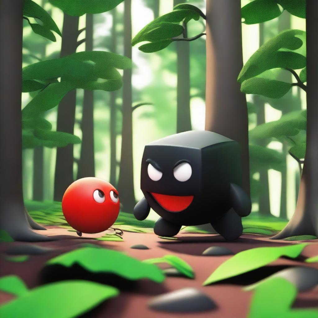 A dynamic and expressive 3D scene set in a dense forest, featuring a red ball with a mad face attacking a black cube with a pained face