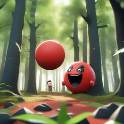 A dynamic and expressive 3D scene set in a dense forest, featuring a red ball with a mad face attacking a black cube with a pained face