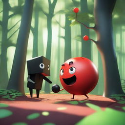 A dynamic and expressive 3D scene set in a dense forest, featuring a red ball with a mad face attacking a black cube with a pained face