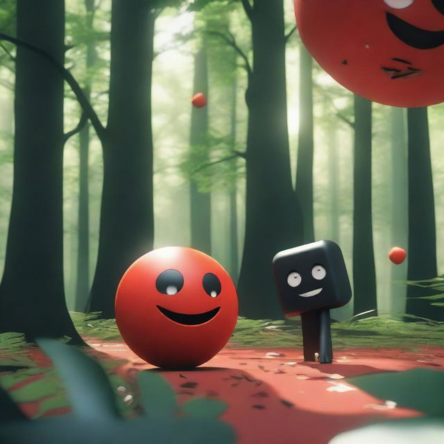 A dynamic and expressive 3D scene set in a dense forest, featuring a red ball with a mad face attacking a black cube with a pained face