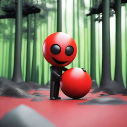 A dynamic and expressive 3D scene set in a forest, featuring a red ball with a mad face and no legs or arms attacking a black cube with a pained face and no legs or arms