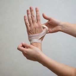 An image showcasing a human hand undergoing rehabilitation after a burn. Include physiotherapy exercises, use of healing ointments, and bandaging to illustrate the recovery phase.