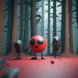 A dynamic and expressive 3D scene set in a forest, featuring a red ball with a mad face and no legs or arms attacking a black cube with a pained face and no legs or arms